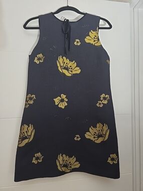 Zara Dress. Size M. Black And Gold Floral Straight Cut Dress